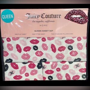 Juicy Couture 4-pc Queen Sheet Set JC White w/ Black Pink Leopard Lips NEW NIP